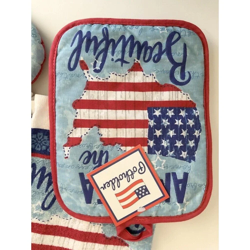 America The Beautiful Dish Towels Oven Mitt Potholder Set of 4 Beach Summer